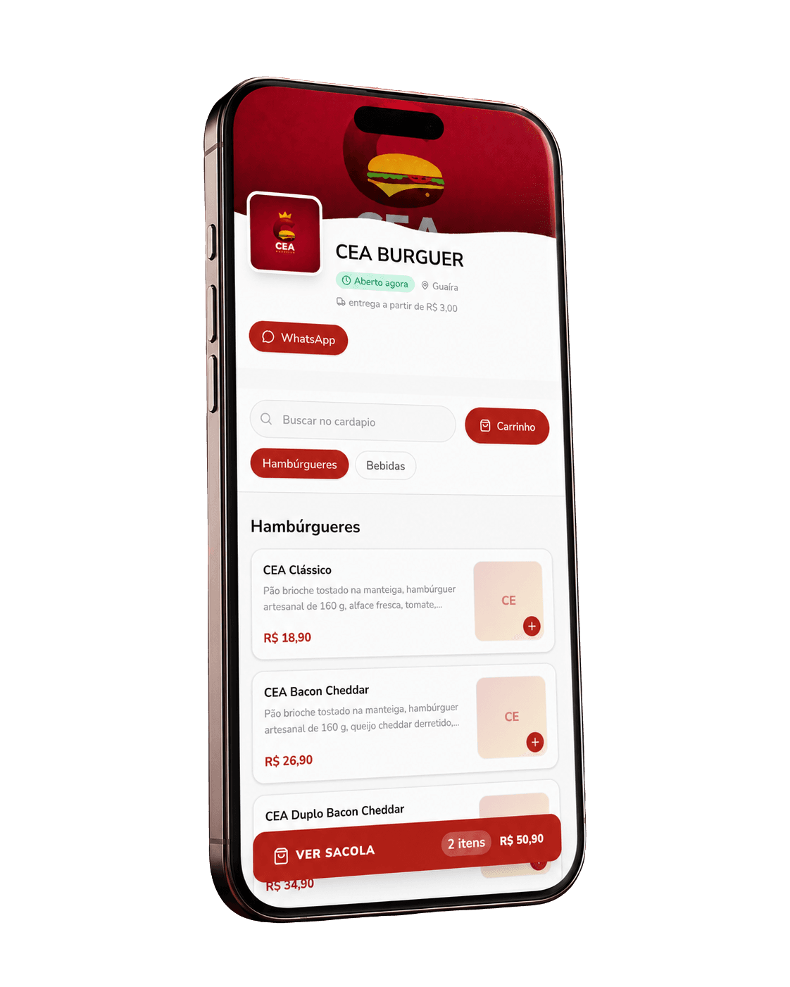 Exemplo de cardápio digital PedeGuaíra no celular, com produtos, preços e sacola de pedidos